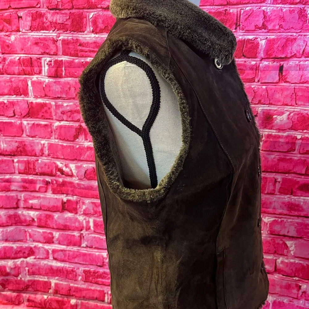 Eddie Bauer Suede Leather Vest Jacket Womens Medium‎ Brown Faux Fur Lined